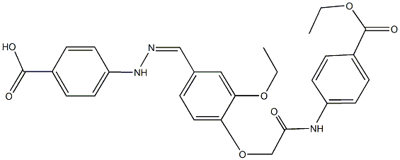 4-[2-(3-ethoxy-4-{2-[4-(ethoxycarbonyl)anilino]-2-oxoethoxy}benzylidene)hydrazino]benzoic acid Struktur