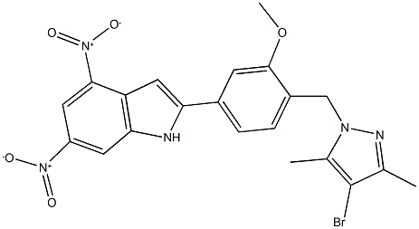 2-{4-[(4-bromo-3,5-dimethyl-1H-pyrazol-1-yl)methyl]-3-methoxyphenyl}-4,6-dinitro-1H-indole Struktur