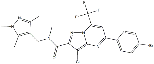 5-(4-bromophenyl)-3-chloro-N-methyl-7-(trifluoromethyl)-N-[(1,3,5-trimethyl-1H-pyrazol-4-yl)methyl]pyrazolo[1,5-a]pyrimidine-2-carboxamide Struktur