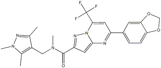 5-(1,3-benzodioxol-5-yl)-N-methyl-7-(trifluoromethyl)-N-[(1,3,5-trimethyl-1H-pyrazol-4-yl)methyl]pyrazolo[1,5-a]pyrimidine-2-carboxamide Struktur