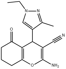 2-amino-4-(1-ethyl-3-methyl-1H-pyrazol-4-yl)-5-oxo-5,6,7,8-tetrahydro-4H-chromene-3-carbonitrile Struktur