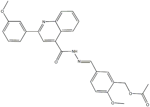 2-methoxy-5-(2-{[2-(3-methoxyphenyl)-4-quinolinyl]carbonyl}carbohydrazonoyl)benzyl acetate Struktur