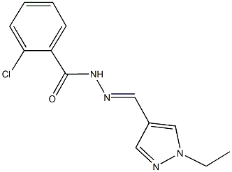 2-chloro-N'-[(1-ethyl-1H-pyrazol-4-yl)methylene]benzohydrazide Struktur