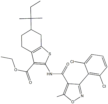 ethyl 2-({[3-(2,6-dichlorophenyl)-5-methylisoxazol-4-yl]carbonyl}amino)-6-tert-pentyl-4,5,6,7-tetrahydro-1-benzothiophene-3-carboxylate Struktur