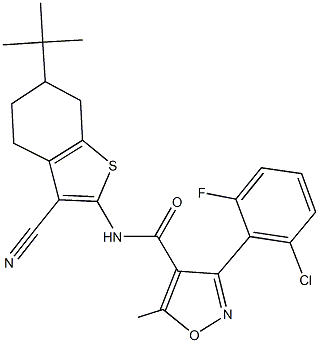 N-(6-tert-butyl-3-cyano-4,5,6,7-tetrahydro-1-benzothien-2-yl)-3-(2-chloro-6-fluorophenyl)-5-methyl-4-isoxazolecarboxamide Struktur