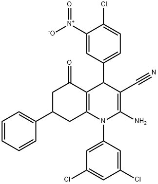 2-amino-4-{4-chloro-3-nitrophenyl}-1-(3,5-dichlorophenyl)-5-oxo-7-phenyl-1,4,5,6,7,8-hexahydro-3-quinolinecarbonitrile Struktur