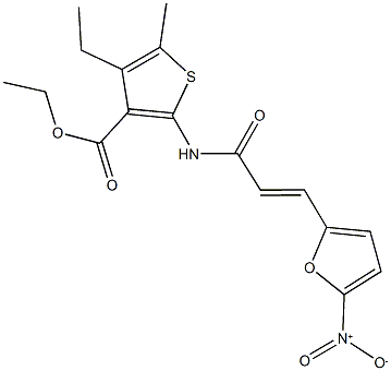 ethyl 4-ethyl-2-[(3-{5-nitro-2-furyl}acryloyl)amino]-5-methyl-3-thiophenecarboxylate Struktur