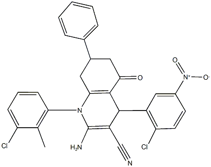 2-amino-4-{2-chloro-5-nitrophenyl}-1-(3-chloro-2-methylphenyl)-5-oxo-7-phenyl-1,4,5,6,7,8-hexahydro-3-quinolinecarbonitrile Struktur