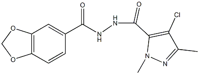 N'-(1,3-benzodioxol-5-ylcarbonyl)-4-chloro-1,3-dimethyl-1H-pyrazole-5-carbohydrazide Struktur