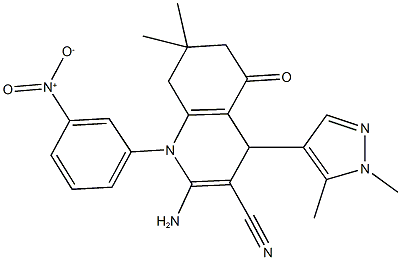 2-amino-4-(1,5-dimethyl-1H-pyrazol-4-yl)-1-{3-nitrophenyl}-7,7-dimethyl-5-oxo-1,4,5,6,7,8-hexahydroquinoline-3-carbonitrile Struktur