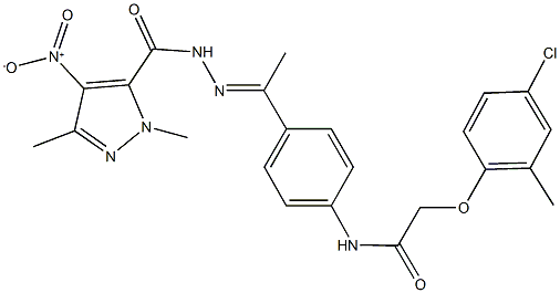 2-(4-chloro-2-methylphenoxy)-N-{4-[N-({4-nitro-1,3-dimethyl-1H-pyrazol-5-yl}carbonyl)ethanehydrazonoyl]phenyl}acetamide Struktur