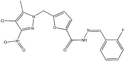 5-({4-chloro-3-nitro-5-methyl-1H-pyrazol-1-yl}methyl)-N'-(2-fluorobenzylidene)-2-furohydrazide Struktur