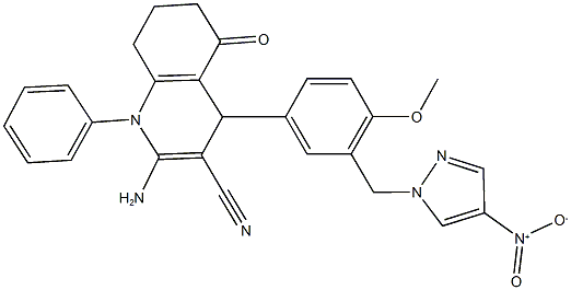 2-amino-4-[3-({4-nitro-1H-pyrazol-1-yl}methyl)-4-methoxyphenyl]-5-oxo-1-phenyl-1,4,5,6,7,8-hexahydro-3-quinolinecarbonitrile Struktur