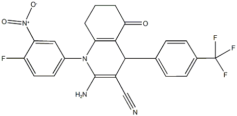 2-amino-1-{4-fluoro-3-nitrophenyl}-5-oxo-4-[4-(trifluoromethyl)phenyl]-1,4,5,6,7,8-hexahydro-3-quinolinecarbonitrile Struktur