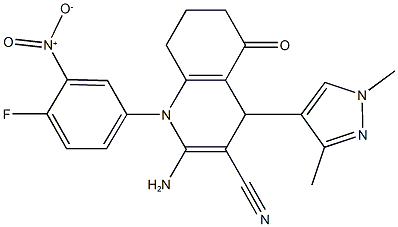 2-amino-4-(1,3-dimethyl-1H-pyrazol-4-yl)-1-{4-fluoro-3-nitrophenyl}-5-oxo-1,4,5,6,7,8-hexahydro-3-quinolinecarbonitrile Struktur