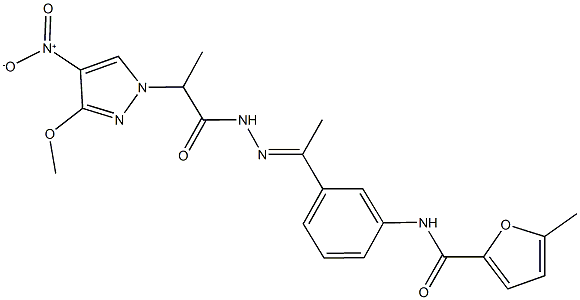 N-{3-[N-(2-{4-nitro-3-methoxy-1H-pyrazol-1-yl}propanoyl)ethanehydrazonoyl]phenyl}-5-methyl-2-furamide Struktur