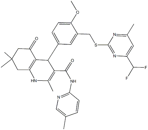 4-[3-({[4-(difluoromethyl)-6-methyl-2-pyrimidinyl]sulfanyl}methyl)-4-methoxyphenyl]-2,7,7-trimethyl-N-(5-methyl-2-pyridinyl)-5-oxo-1,4,5,6,7,8-hexahydro-3-quinolinecarboxamide Struktur