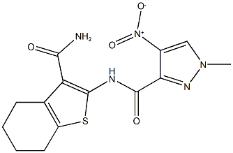 N-[3-(aminocarbonyl)-4,5,6,7-tetrahydro-1-benzothien-2-yl]-4-nitro-1-methyl-1H-pyrazole-3-carboxamide Struktur