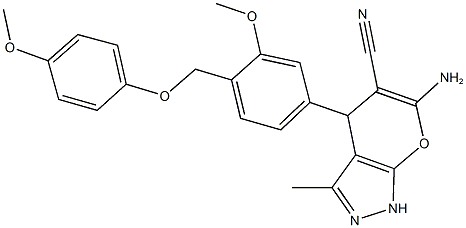 6-amino-4-{3-methoxy-4-[(4-methoxyphenoxy)methyl]phenyl}-3-methyl-1,4-dihydropyrano[2,3-c]pyrazole-5-carbonitrile Struktur