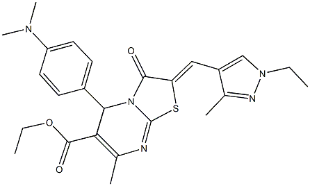 ethyl 5-[4-(dimethylamino)phenyl]-2-[(1-ethyl-3-methyl-1H-pyrazol-4-yl)methylene]-7-methyl-3-oxo-2,3-dihydro-5H-[1,3]thiazolo[3,2-a]pyrimidine-6-carboxylate Struktur