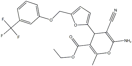 ethyl 6-amino-5-cyano-2-methyl-4-(5-{[3-(trifluoromethyl)phenoxy]methyl}-2-furyl)-4H-pyran-3-carboxylate Struktur