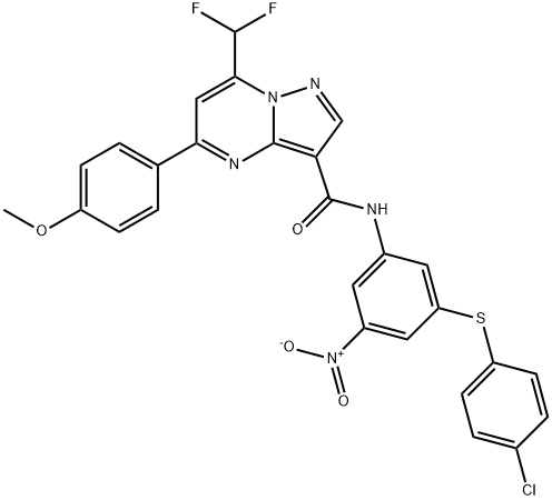 N-{3-[(4-chlorophenyl)sulfanyl]-5-nitrophenyl}-7-(difluoromethyl)-5-(4-methoxyphenyl)pyrazolo[1,5-a]pyrimidine-3-carboxamide Struktur