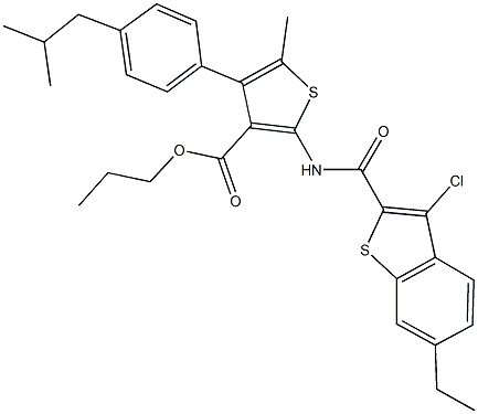 propyl 2-{[(3-chloro-6-ethyl-1-benzothien-2-yl)carbonyl]amino}-4-(4-isobutylphenyl)-5-methyl-3-thiophenecarboxylate Struktur