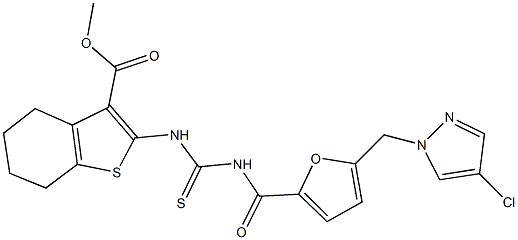 methyl 2-{[({5-[(4-chloro-1H-pyrazol-1-yl)methyl]-2-furoyl}amino)carbothioyl]amino}-4,5,6,7-tetrahydro-1-benzothiophene-3-carboxylate Struktur