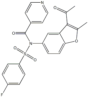 N-(3-acetyl-2-methyl-1-benzofuran-5-yl)-4-fluoro-N-isonicotinoylbenzenesulfonamide Struktur