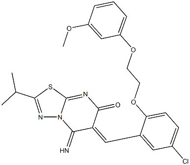 6-{5-chloro-2-[2-(3-methoxyphenoxy)ethoxy]benzylidene}-5-imino-2-isopropyl-5,6-dihydro-7H-[1,3,4]thiadiazolo[3,2-a]pyrimidin-7-one Struktur