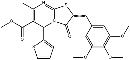 methyl 7-methyl-3-oxo-5-(2-thienyl)-2-(3,4,5-trimethoxybenzylidene)-2,3-dihydro-5H-[1,3]thiazolo[3,2-a]pyrimidine-6-carboxylate Struktur