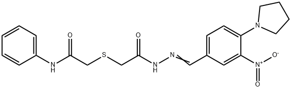 2-[(2-{2-[3-nitro-4-(1-pyrrolidinyl)benzylidene]hydrazino}-2-oxoethyl)sulfanyl]-N-phenylacetamide Struktur