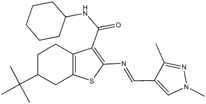 6-tert-butyl-N-cyclohexyl-2-{[(1,3-dimethyl-1H-pyrazol-4-yl)methylene]amino}-4,5,6,7-tetrahydro-1-benzothiophene-3-carboxamide Struktur