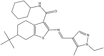 6-tert-butyl-N-cyclohexyl-2-{[(1-ethyl-5-methyl-1H-pyrazol-4-yl)methylene]amino}-4,5,6,7-tetrahydro-1-benzothiophene-3-carboxamide Struktur