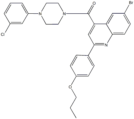 4-(6-bromo-4-{[4-(3-chlorophenyl)-1-piperazinyl]carbonyl}-2-quinolinyl)phenyl propyl ether Struktur