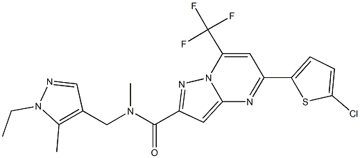 5-(5-chloro-2-thienyl)-N-[(1-ethyl-5-methyl-1H-pyrazol-4-yl)methyl]-N-methyl-7-(trifluoromethyl)pyrazolo[1,5-a]pyrimidine-2-carboxamide Struktur