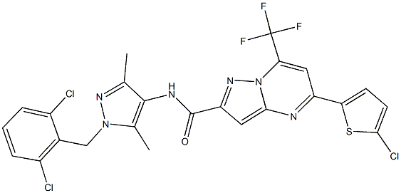 5-(5-chloro-2-thienyl)-N-[1-(2,6-dichlorobenzyl)-3,5-dimethyl-1H-pyrazol-4-yl]-7-(trifluoromethyl)pyrazolo[1,5-a]pyrimidine-2-carboxamide Struktur