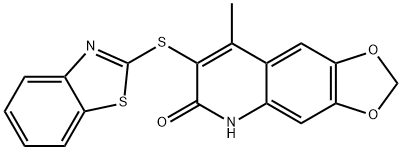 7-(1,3-benzothiazol-2-ylsulfanyl)-8-methyl[1,3]dioxolo[4,5-g]quinolin-6(5H)-one Struktur