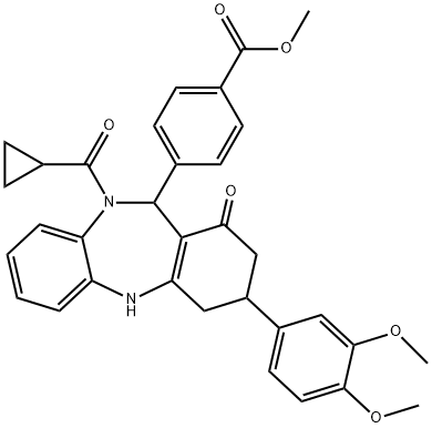 methyl 4-[10-(cyclopropylcarbonyl)-3-(3,4-dimethoxyphenyl)-1-oxo-2,3,4,5,10,11-hexahydro-1H-dibenzo[b,e][1,4]diazepin-11-yl]benzoate Struktur