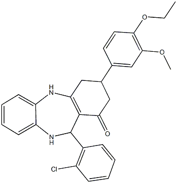 11-(2-chlorophenyl)-3-(4-ethoxy-3-methoxyphenyl)-2,3,4,5,10,11-hexahydro-1H-dibenzo[b,e][1,4]diazepin-1-one Struktur