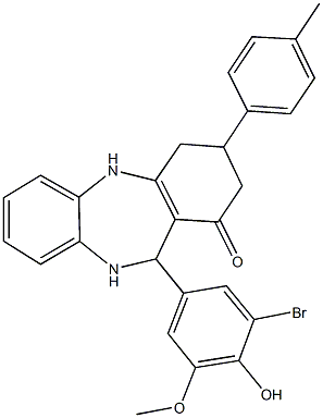 11-(3-bromo-4-hydroxy-5-methoxyphenyl)-3-(4-methylphenyl)-2,3,4,5,10,11-hexahydro-1H-dibenzo[b,e][1,4]diazepin-1-one Struktur