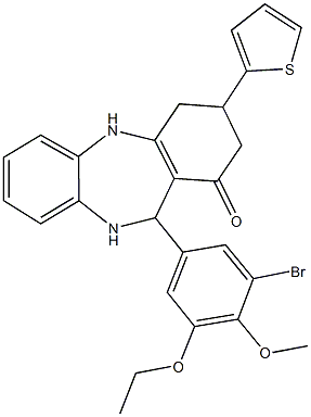 11-(3-bromo-5-ethoxy-4-methoxyphenyl)-3-(2-thienyl)-2,3,4,5,10,11-hexahydro-1H-dibenzo[b,e][1,4]diazepin-1-one Struktur