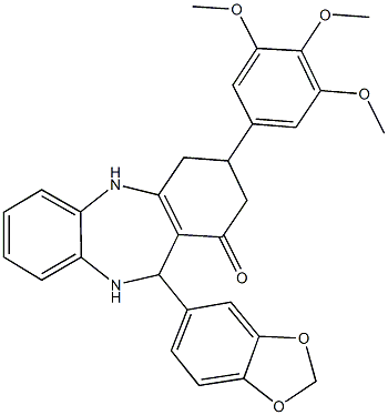 11-(1,3-benzodioxol-5-yl)-3-(3,4,5-trimethoxyphenyl)-2,3,4,5,10,11-hexahydro-1H-dibenzo[b,e][1,4]diazepin-1-one Struktur