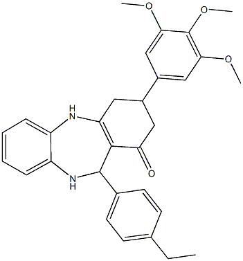 11-(4-ethylphenyl)-3-(3,4,5-trimethoxyphenyl)-2,3,4,5,10,11-hexahydro-1H-dibenzo[b,e][1,4]diazepin-1-one Struktur