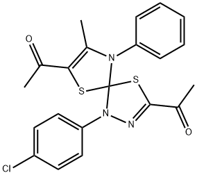 1-[3-acetyl-1-(4-chlorophenyl)-8-methyl-9-phenyl-4,6-dithia-1,2,9-triazaspiro[4.4]nona-2,7-dien-7-yl]ethanone Struktur