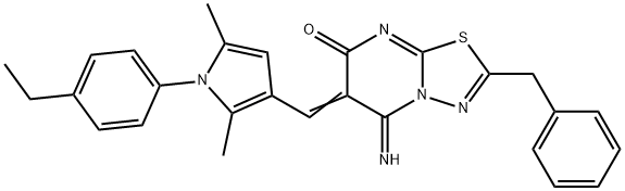 2-benzyl-6-{[1-(4-ethylphenyl)-2,5-dimethyl-1H-pyrrol-3-yl]methylene}-5-imino-5,6-dihydro-7H-[1,3,4]thiadiazolo[3,2-a]pyrimidin-7-one Struktur