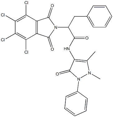 N-(1,5-dimethyl-3-oxo-2-phenyl-2,3-dihydro-1H-pyrazol-4-yl)-3-phenyl-2-(4,5,6,7-tetrachloro-1,3-dioxo-1,3-dihydro-2H-isoindol-2-yl)propanamide Struktur