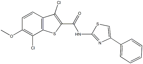 3,7-dichloro-6-methoxy-N-(4-phenyl-1,3-thiazol-2-yl)-1-benzothiophene-2-carboxamide Struktur