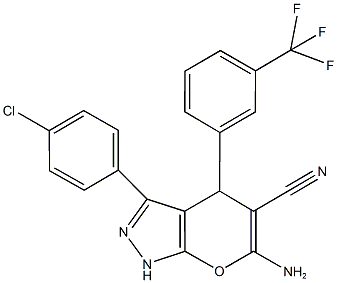 6-amino-3-(4-chlorophenyl)-4-[3-(trifluoromethyl)phenyl]-1,4-dihydropyrano[2,3-c]pyrazole-5-carbonitrile Struktur