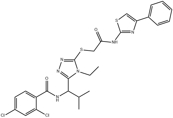 2,4-dichloro-N-{1-[4-ethyl-5-({2-oxo-2-[(4-phenyl-1,3-thiazol-2-yl)amino]ethyl}sulfanyl)-4H-1,2,4-triazol-3-yl]-2-methylpropyl}benzamide Struktur